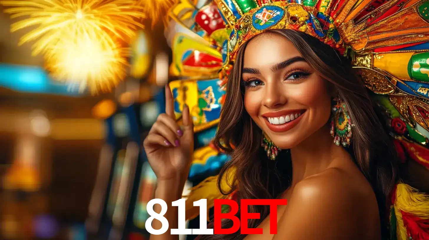 Mulher sorridente com um cocar de carnaval vibrante e colorido, celebrando uma grande vitória nos jogos do cassino 811bet com fogos de artifício ao fundo.
