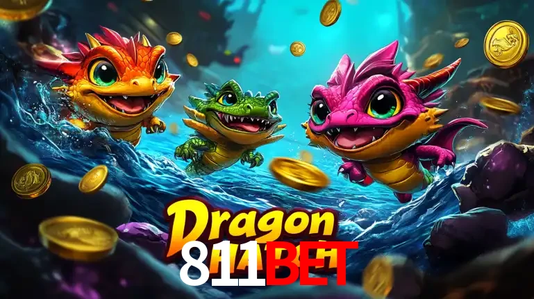 Arte promocional do jogo Dragon Hatch com três adoráveis dragões bebês nadando entre moedas de ouro, um dos slots mais divertidos para jogar no cassino 811bet.