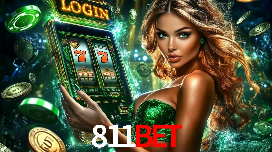 Mulher com tema verde apresentando o aplicativo do cassino 811bet com um jogo de slot de 777, cercada por fichas de cassino e uma aura de sorte.