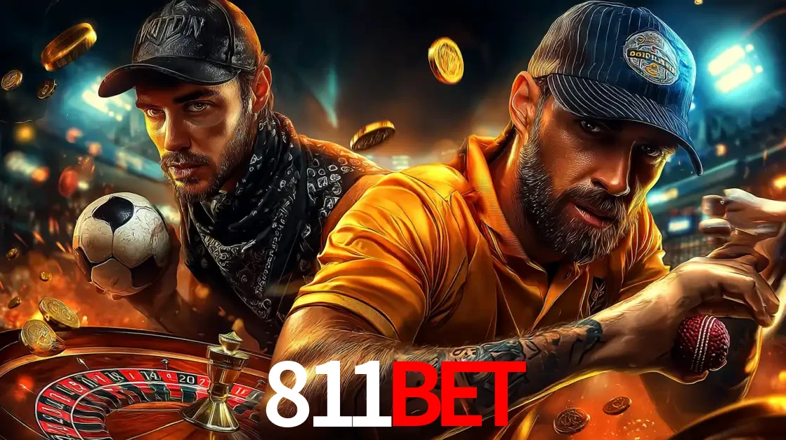 Montagem de apostas esportivas e cassino no 811bet, com um homem segurando uma bola de futebol e outro uma de beisebol sobre uma roleta e moedas voadoras.