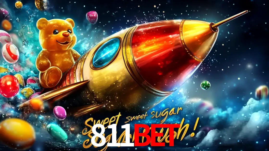 Arte promocional do jogo de slot Sugar Rush, com um urso de pelúcia em um foguete viajando pelo espaço de doces, um dos jogos divertidos disponíveis no cassino 811bet.