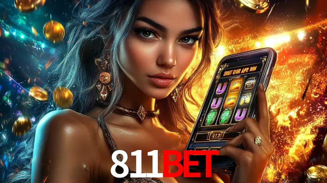 Mulher elegante mostrando um jogo de caça-níqueis em seu smartphone, destacando a experiência de cassino móvel oferecida pelo aplicativo 811bet.