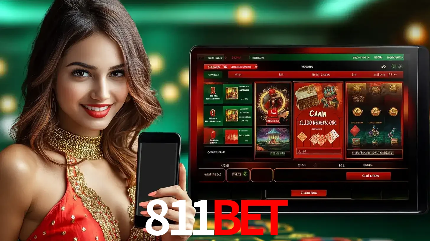Mulher sorridente segurando um smartphone, ao lado de uma tela exibindo o lobby de jogos do cassino online 811bet, com várias opções de jogos de cartas e slots.